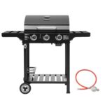 Royal Gourmet 3 Brenner Gasgrill Grillwagen mit Klappbaren Seitenablagen, Camping Grill mit Flascheständer, Standgrill mit Edelstahl Brenner 9 kW Schwarz