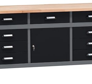 Küpper Werkbank Modell 12879, 170 x 60 x 84 cm, 9 Schubladen, 1 Tür, 300 kg Traglast, 30 mm Massive Buchenarbeitsplatte (Schwarz)
