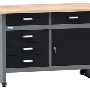 Küpper Werkbank 12049, 5 Schubladen, 1 Tür, 300 kg Traglast, 30 mm Massive Buchenarbeitsplatte (Schwarz, 120x84x60 cm)
