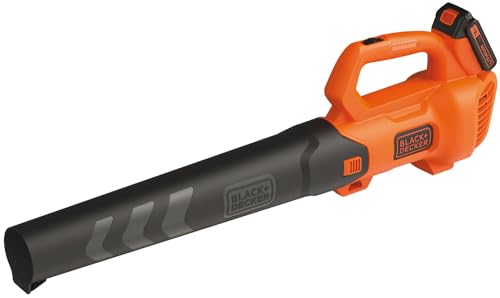 Black+Decker Axial Akku-Laubbläser BCBL200L (18V, 2.0Ah, hohe Blasgeschwindigkeit von 145 km/h, Luftvolumen 577 m³/h, integrierter Laubkratzer, für Terrassen, Wege, Gärten, inkl. Akku & Ladegerät)
