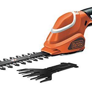 Black+Decker Akku-Strauch- und Grasschere werkzeugloser Klingenwechsel (7 V, Laufzeit ca. 50min, leichtes Gewicht inkl. Ladekabel und Ladestation, 3 Stufen-Ladestandanzeige) schwarz orange, GSL700