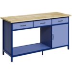 Jummico Werkbank, 160 x 60 x 85 cm, 500kg Traglast, 3 gleitfähige Schubladen, 1 Tür, 25 mm Gummibaumholz, Offener Stauraum, Werkstatt Arbeitstisch, Nebelblau
