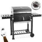 HECHT Grill Holzkohlengrill mit Grillrost – XXL BBQ Grill mit Deckel – mobiler Grillwagen mit klappbaren Ablagen – Grillrostverstellung –Thermometer – Flaschenöffner
