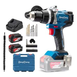 Dong Cheng Akku-Schlagbohrschrauber-Set 18V 120Nm, Bürstenloser Schlagbohrmaschine mit 2x4,0Ah Akku, 24+3 Drehmomentstufen Schlagbohrer (zum Bohren, Schrauben, Schlagbohren, 13mm Bohrfutter, 2 Gang)