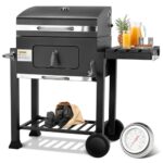 TLSUNNY Holzkohlegrill XL, Grillwagen Holzkohle, Smoker Holzkohlegrill mit Deckel, 2PCS Räder, Grillrost, Thermometer und Edelstahl-Griff, Höhenverstellbar, Groß BBQ Grill für Camping, Schwarz
