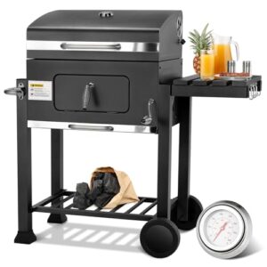 TLSUNNY Holzkohlegrill XL, Grillwagen Holzkohle, Smoker Holzkohlegrill mit Deckel, 2PCS Räder, Grillrost, Thermometer und Edelstahl-Griff, Höhenverstellbar, Groß BBQ Grill für Camping, Schwarz
