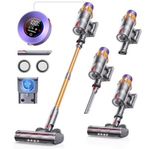 SunSare Akku Staubsauger 600W/50000Pa/65Min, Staubsauger Kabellos mit Smart Display und Ladestation, Leichter Antiverwicklung Akkusauger, Super Leise akkustaubsauger für Hartböden Teppiche Tierhaare