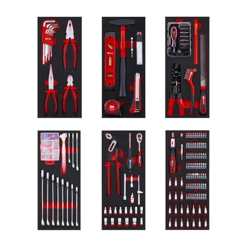 Original Einhell 6-Pads Werkzeugset für Werkstattwagen – 299 Teile inkl. Präzisions- & Spezialbits, Zangen, Schrauben, Steckschlüssel, Wasserwaage, Hammer & Maßband