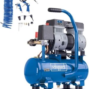 Scheppach HC08Si Ultra Silent Kompressor klein inkl. 14-tlg Zubehörset | 8bar Arbeitsdruck | 6L Kessel | 1,5PS / 1100W | ölfrei & wartungsarm | Ansaugleistung 162 L/min | Leise Kompressor 67,4 db(A)
