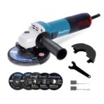 DongCheng Winkelschleifer 800W, Scheiben-Ø: 125 mm, 11,800min-1,Schnellverschlussabdeckung, Zusatzgriff, inkl. 2 Schleif-, 2 Fächer- und 2 Trennscheiben für Polieren, Schleifen und Schneiden
