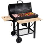 LEHMANN Holzkohlegrill mit Grillrost XL, Grillwagen mit 2 Holzeinlegeböden, Deckel, Rädern und nicht wärmender Griff, Kohlegrill für Garten, Terrasse, Camping