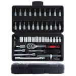 Camiraft 46 Stück Knarrenkasten Klein 1/4 Zoll Steckschlüsselsatz Ratschenkasten, Das Verchromt Werkzeugkoffer, Ratschen- und Steckschlüssel-Set Geeignet für Arbeiten an Fahrrädern Hause und DIY