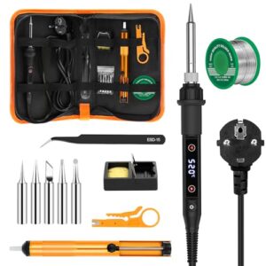Lötkolben Set 80W LED Temperatur Einstellbar 180~520°C Lötkolben mit Schalter, 15 Sek. Schnelles Aufheizen, 50g Bleifreier Lötdraht, 5 Lötspitzen, Entlötpumpe, Lötkolbenständer, Pinzette, Lötset