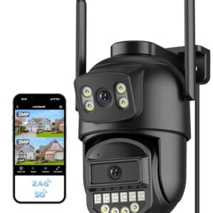 Reobiux Überwachungskamera Aussen,Mit Dual-Objektiv 6MP,2.4/5Ghz WLAN,Kamera Überwachung Aussen,360° PTZ,Ethernet,Farb-Nachtsicht,Zwei-Wege-Audio,Sirenenalarm,Kabel für Garage/Garten/haustür,IP66