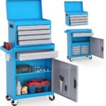 HOBBYZOO 2 in 1 Werkstattwagen inkl.Koffer & 5 Fächer & verstellbarem Regal|werkstattwagen leer|Mobiler Werkzeug-Wagen ohne Werkzeug，werkzeugwagen mit Schloss 100 kg Tragkraft|Metal （Blau）