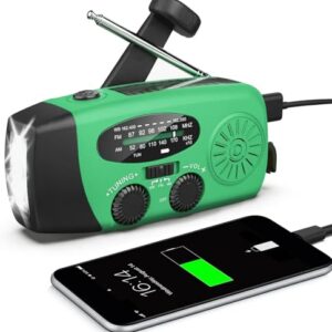 Solarbetriebenes Notfallradio, Selbstbetriebenes Kurbelradio mit LED-Taschenlampenbeleuchtung, SOS-Alarm mit AM/FM, mit 2000mAh-Akku für Smartphone-Notaufladung (grün)
