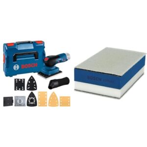 Bosch Professional 12V System Akku-Schwingschleifer GSS 12V-13 (inkl. 3 x Schleifplatte, 3 x Schleifblatt, Staubbeutel, in L-BOXX) + 1x Expert Dual Density Handschleifblock