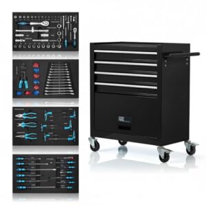 NTG Werkstattwagen inkl. Werkzeug 70 Teile - 4 Schubladen + großes Fach - Kugelgelagerte Schubladen - Transportsicherung - 2 Rollen m. Feststellbremse - Werkzeugwagen - PERFEKTE WERKSTATTORGANISATION