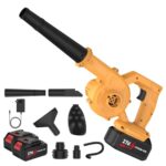 Laubbläser mit Akku, 21 V, 360 W, kabellos, mit Akku und Ladegerät 23.000 U/min, 3,3 m³/min, 2-in-1-Funktion für die Rasenpflege (2 Akku/Gelb)
