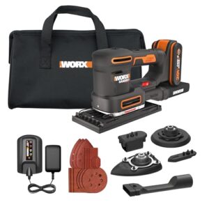 WORX WX820 Akku-Multischleifer – Schleifen ohne Staub – 5-in-1 Funktionen: Exzenter-, Fein-, Detail-, Konturen-, und Fingerschleifer – variable Geschwindigkeit – inkl. 2Ah Akku & Ladegerät