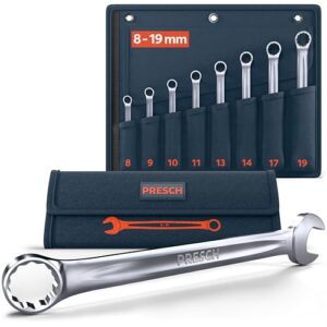 PRESCH Maulschlüssel Set 8tlg. inkl. Tasche (8-19mm) - Passgenaues Schraubenschlüssel Set - 15° abgewinkelt für Arbeiten an beengten Stellen - Robuster, präzisionsgefertigter Ring Maulschlüsselsatz