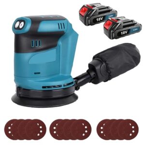Akku-Exzenterschleifer mit 2 3000mAh, 125mm Exzenterschleifer Akku 18v Ersatz für Makita DBO180Z, 15000 rpm Exzenterschleifer Bürstenlosen Motor mit Staubbeutel und 12PCS Schleifscheiben