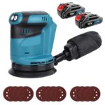 Akku Exzenterschleifer 125mm, Ersatz für Makita DBO180Z, Bürstenloser Akku Schleifer mit 2x 18V 3000mAh Akku und Ladegerät, 12X Schleifpapier(P120/P180/P240), 3 Leistungsstufe, zum Schleifen Polieren