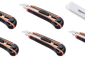 Amazon Basics Hochleistungs-Universalmesser, Holz mit einziehbarem ergonomischem Griff, 5er-Pack, Feststellklinge mehreren Positionen und 10 austauschbaren scharfen Klingen im Behälter, Orange/Schwarz