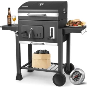 TLSUNNY Holzkohlegrill XXL, Grillwagen Holzkohle, Kohlegrill Groß mit Deckel, 2PCS Räder, Thermometer, Edelstahl-Griff, Smoker Grill mit Ablage, BBQ Grill für Camping und Garten, Grau