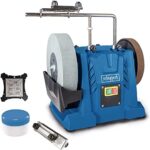 Scheppach Nass-Schleifsystem Tiger 7000s (Nass-Schleifmaschine mit 200W Induktions-Motor, Edelkorund Schleifstein 250 x 50 mm 220 Körnung | inkl. Universalvorrichtung | Abziehpaste & Winkellehre