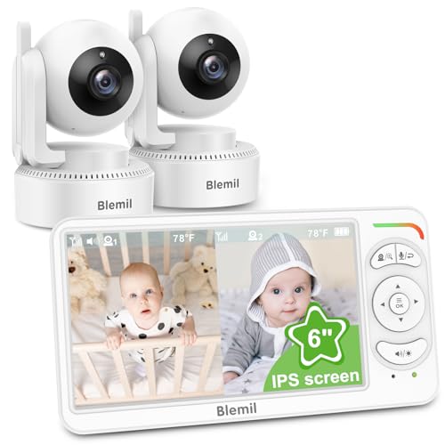 Blemil Babyphone, Video Babyphone mit 2-Kameras und Audio, 6 IPS große Split Screen Fernbedienung Schwenk/Neige/Zoom, Videomonitorkameras mit klarer Nachtsicht und 30hours Batterielaufzeit
