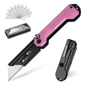 WORKPRO Klappmesser Universalmesser, Cuttermesser, Taschenmesser mit Schnellwechselmechanismus, G10-Griff, mit 10 zusätzlichen SK5-Klingen, Ideal zum Schneiden von Leder, PVC, Papier, Rosa