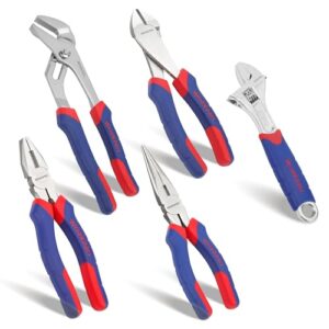 WORKPRO Zangen Set Haushalt Zangensatz Kombizange Spitzzange Seitenschneider Wasserpumpenzange Rollgabelschlüssel 5 teilige