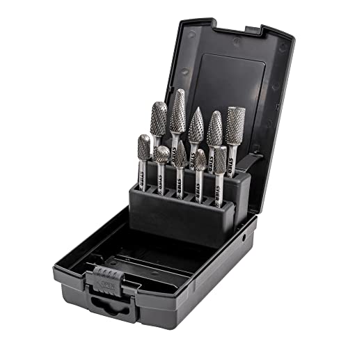 STIER Frässtifte-Set 10-teilig, 6 mm Schaftdurchmesser, Fräsformen: Zylinder Stirnverzahnung Walzenrundform Oval Tropfen Spitzbogen, hohe Schnittgeschwindigkeit 840 m/min