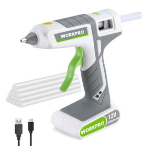 WORKPRO Heißklebepistole Akku kabellos 12V, Akku Klebepistole mit 15 Klebesticks(11 * 200 mm), Schnelles Aufheizen, USB-Aufladung, kabellose Heißklebepistole für Handwerk, Dekoration