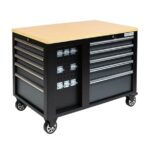 FEISTOS Werkbank Hektor | Mobile Werkbank mit zentralverriegelten Schubladen | Werkzeugwagen mit 500 kg Traglast | Multiplex Arbeitsplatte | Schwarz | 114x73x89 cm
