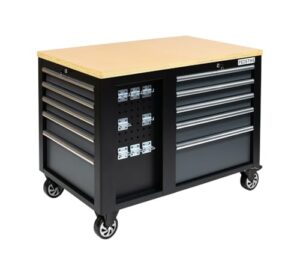 FEISTOS Werkbank Hektor | Mobile Werkbank mit zentralverriegelten Schubladen | Werkzeugwagen mit 500 kg Traglast | Multiplex Arbeitsplatte | Schwarz | 114x73x89 cm