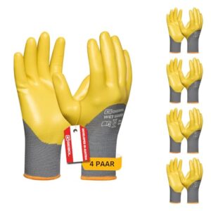Gebol Wet Guard, 4 Paar Arbeitshandschuhe mit Nitrilbeschichtung, wasserfeste Montagehandschuhe mit 3/4-Beschichtung und rutschfestem Grip, Gr.XL/10, Gelb