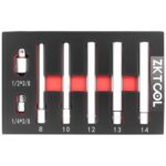 ZKTOOL 7-teiliges Steckschlüssel-Set, Extra Tief, 8 mm, 10 mm, 12 mm, 13 mm, 14 mm, Sechskant-Stecknuss, Extra Lang, 120 mm, mit 1/2 Zoll und 3/8 Zoll Adaptern