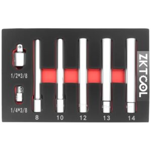 ZKTOOL 7-teiliges Steckschlüssel-Set, Extra Tief, 8 mm, 10 mm, 12 mm, 13 mm, 14 mm, Sechskant-Stecknuss, Extra Lang, 120 mm, mit 1/2 Zoll und 3/8 Zoll Adaptern