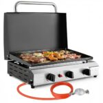 LIFERUN Tragbarer Tischgrill mit 3 Edelstahl-Brenner,Kompakter Gasgrill mit Deckel 7.2KW,Campinggrill mit Keramische Lackbeschichtung Grillplatte(58×35cm),Balkongrill für Terrasse,Garten,Picknick BBQ