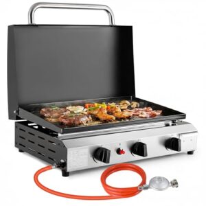 LIFERUN Tragbarer Tischgrill mit 3 Edelstahl-Brenner,Kompakter Gasgrill mit Deckel 7.2KW,Campinggrill mit Keramische Lackbeschichtung Grillplatte(58×35cm),Balkongrill für Terrasse,Garten,Picknick BBQ