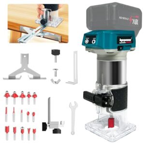 bycpower Akku Oberfräse für Makita 18V Akku, 800W Akku-Kantenfräse Set mit 6 Geschwindigkeit, 30000 U/min Bürstenloser Multifunktionsfräse Tragbarer Handfräser mit 15 Stück 1/4" Fräser Set(Ohne Akku)