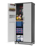 BIZOEIRON Werkzeugschrank Groß, Metallschrank mit Rädern, Garagenschrank mit 2 Türen Und Pegboard, Rollender Werkstattschrank, Montage Erforderlich, Schwarz & Grau