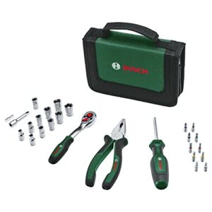Bosch Mobility-Handwerkzeug-Set, 26-teilig (kompaktes und mobiles Werkzeug-Set für Heimwerkerarbeiten und unterwegs; 1/4"-Ratsche; Kombizange; Universalschraubendreher; in Stofftasche)
