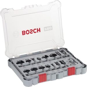 Bosch 15x PRO Fräser-Set gemischt (für Weichholz, Hartholz, Ø 13/16/13/35/25/16/32/32/27/29/19/25/8/10/16 mm, Professional Zubehör Handfräse, Kantenfräse)