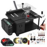 Mini Tischkreissäge mit 7500mAh Akku, Verbessertes 51-teiliges Set Winkelschneiden & Höhenverstellbarer, Akku Tischkreissäge 0,1-35mm Sägeblatt für Schneiden von Holz Kunststoff Schnitzen Schleifen