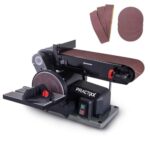 Practixx Band- und Tellerschleifer PX-BTS-370 Bandschleifer | 370W | Ø150mm Schleifteller | Bandlänge 100x915mm | Band-Speed 450m/min | Alu-Tisch & Queranschlag | Schleifmaschine mit 6-tlg Schleifset