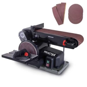 Practixx Band- und Tellerschleifer PX-BTS-370 Bandschleifer | 370W | Ø150mm Schleifteller | Bandlänge 100x915mm | Band-Speed 450m/min | Alu-Tisch & Queranschlag | Schleifmaschine mit 6-tlg Schleifset