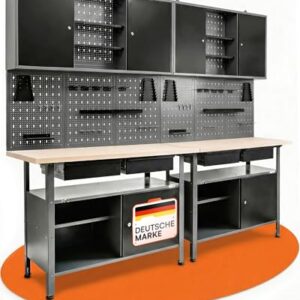 Ondis24 Werkstatteinrichtung Werkstatt Set Werkbank Fritz Hängeschrank Werkzeugwand Metall Schwarz Grau (Hängeschrank Kurt, 240 cm)